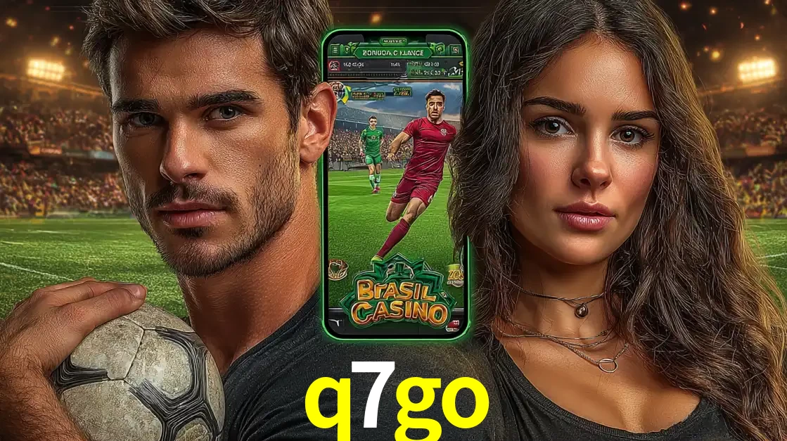 Homem segurando uma bola de futebol e uma mulher ao lado de um smartphone exibindo o jogo de apostas esportivas da q7go. Faça seu palpite no cassino online.